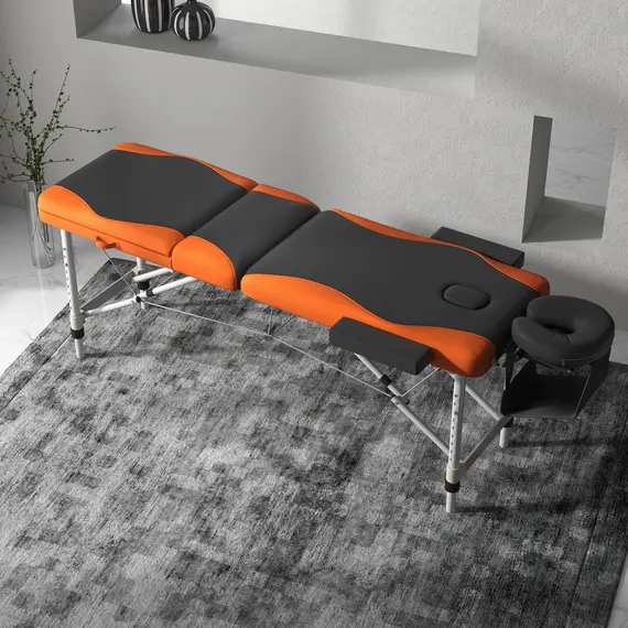 Buy Foldable Massage Bed Portable Table, 3-Section Aluminium Foldable Beauty Couch, Professional Salon Spa Table with Headrest Support and Carry Bag, 60 cm Width, Black and Orange, 2 image