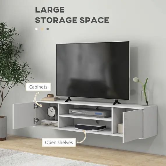 Buy Floating TV Stand Cabinet for TVs up to 60", Wall Mounted TV Unit with Open Shelf, Storage Cupboards and Cable Management for Living Room, White, 5 image