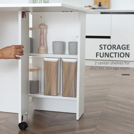 Buy Folding Dining Table, Drop Leaf Table with 2-Tier Shelves, Rolling Casters, for Small Spaces, Kitchen, White, 5 image