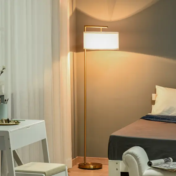 Buy Floor Lamp, Modern Standing Light with Linen Lampshade, Round Base for Living Room, Bedroom, Dining Room, 153cm, Gold and White, 2 image