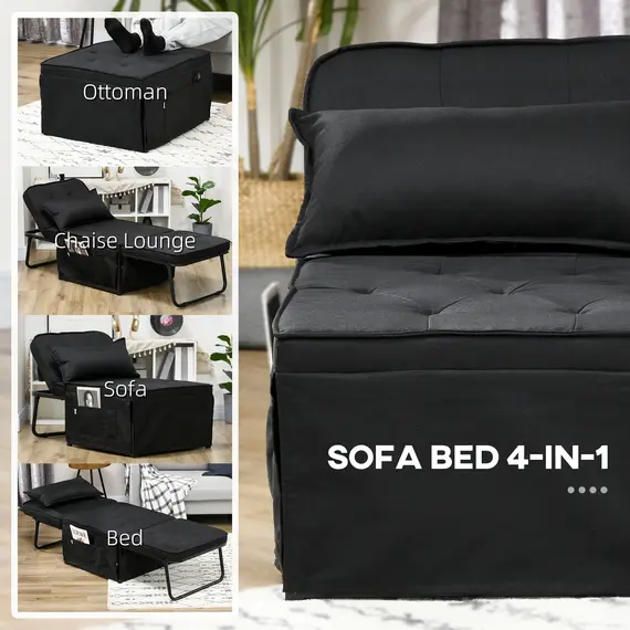 Buy Fabric Sleeper Chair, Folding Chair Bed with Adjustable Backrest, Pillow, Side Pockets for Living Room, Black, 4 image