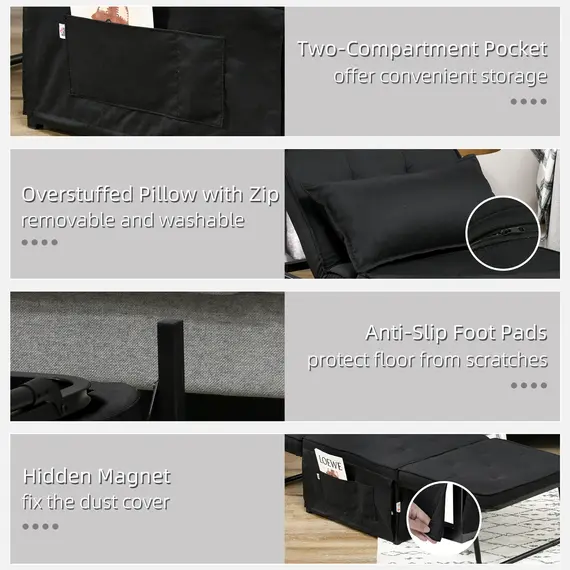 Buy Fabric Sleeper Chair, Folding Chair Bed with Adjustable Backrest, Pillow, Side Pockets for Living Room, Black, 7 image