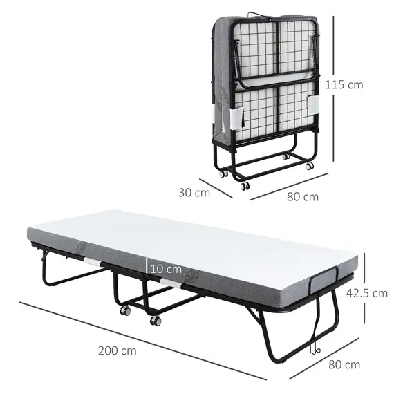 Buy Folding Bed with 10cm Mattress, Portable Foldable Guest Bed with Sturdy Metal Frame on Wheels, 3 image