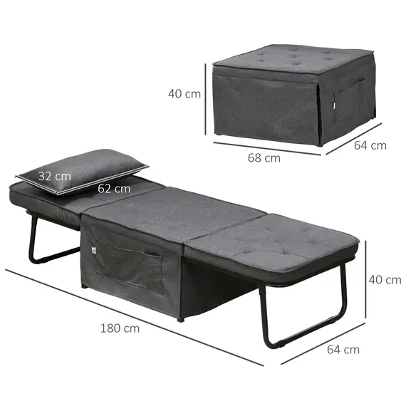 Buy Fabric Sleeper Chair, Folding Chair Bed with Adjustable Backrest, Pillow, Side Pockets for Living Room, Charcoal Grey, 3 image