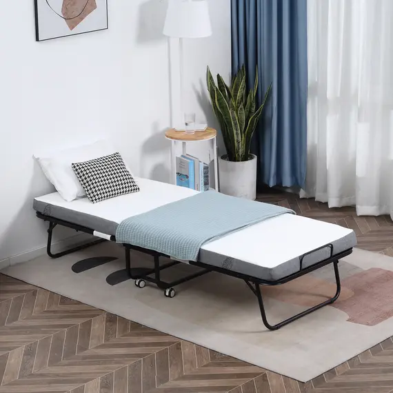 Buy Folding Bed with 10cm Mattress, Portable Foldable Guest Bed with Sturdy Metal Frame on Wheels, 2 image