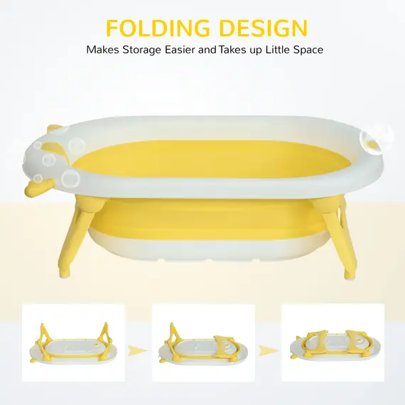 Buy Foldable Baby Bathtub Set, Collapsible Bath Tub with Thermostatic Water Plug, Non-Slip Support, Cushion Pad, Drain Plugs, for Newborn to 3 Years - Yellow, 8 image