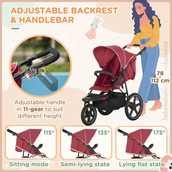 Buy Foldable Three-Wheeler Baby Stroller w/ Canopy, Storage Basket - Red, 5 image