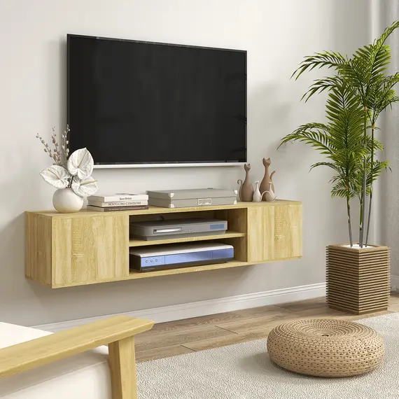 Buy Floating TV Stand Cabinet for TVs up to 60", Wall Mounted TV Unit with Open Shelf, Storage Cupboards and Cable Management for Living Room, Natural Wood Effect, 2 image