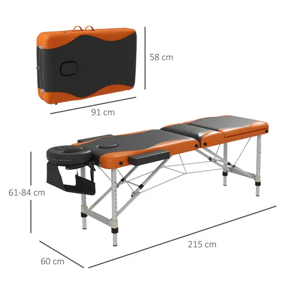 Buy Foldable Massage Bed Portable Table, 3-Section Aluminium Foldable Beauty Couch, Professional Salon Spa Table with Headrest Support and Carry Bag, 60 cm Width, Black and Orange, 3 image