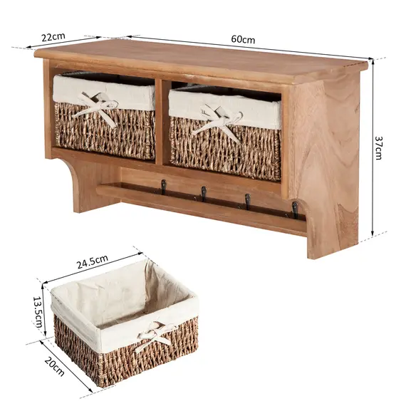 Buy Entryway Coat Rack Wall Mounted Shelf w/ 2 Corn Husk Baskets and Hooks, Brown, 3 image