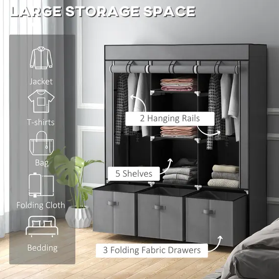 Buy Fabric Wardrobe for Bedroom, Portable Wardrobe with 5 Shelves, 2 Hanging Rails and 3 Fabric Drawers, Foldable Closet, 125 x 43 x 162.5cm, Dark Grey, 4 image