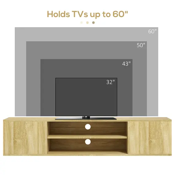 Buy Floating TV Stand Cabinet for TVs up to 60", Wall Mounted TV Unit with Open Shelf, Storage Cupboards and Cable Management for Living Room, Natural Wood Effect, 7 image