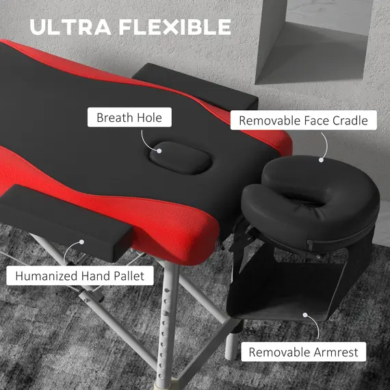 Buy Foldable Massage Bed Portable Table, 3-Section Aluminium Foldable Beauty Couch, Professional Salon Spa Table with Headrest Support and Carry Bag, 60 cm Width, Black and Red, 5 image