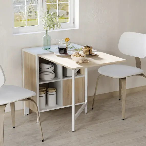 Buy Foldable Drop Leaf Dining Table Folding Workstation for Small Space with Storage Shelves Cubes Oak & White, 9 image