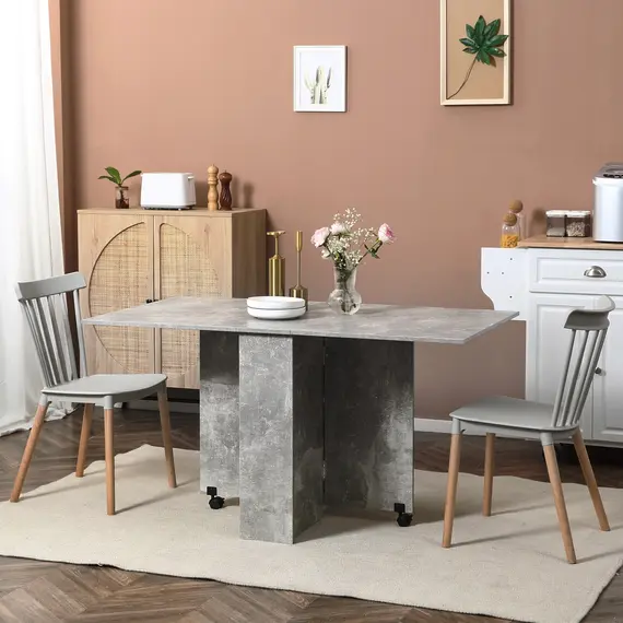 Buy Folding Dining Table, Drop Leaf Table with 2-Tier Shelves, Rolling Casters, for Small Spaces, Kitchen, Cement Grey, 2 image