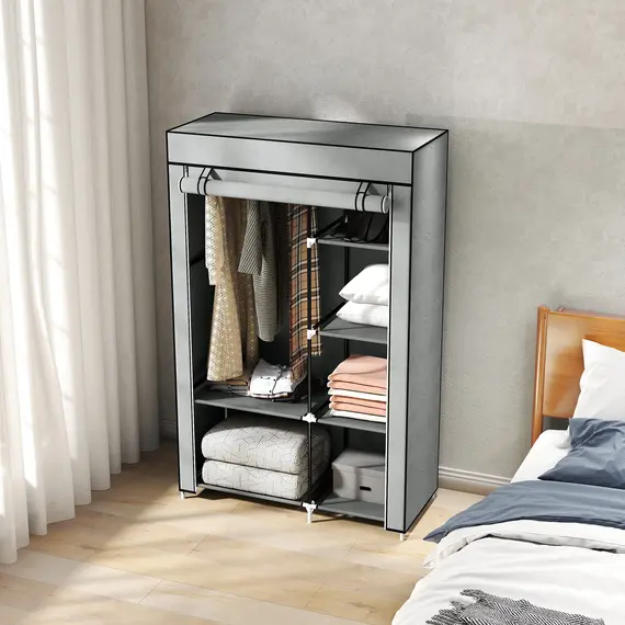 Buy Fabric Wardrobe, Portable Wardrobe with 6 Shelves, 1 Hanging Rail, Foldable Closets, 103 x 43 x 162.5 cm, Light Grey, 9 image