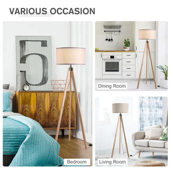Buy Floor Lamp with Elegant Wood Tripod, Free Standing E27 Bulb Lamp Versatile Use For Home Office - Beige, 5 image