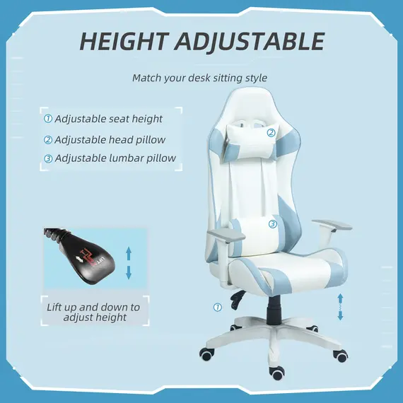 Buy Faux Leather Colour Block Gaming Chair, with 135° Reclining Back - Blue/White, 4 image