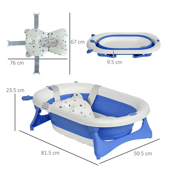 Buy Foldable Baby Bathtub Set, Collapsible Bath Tub with Thermostatic Water Plug, Non-Slip Support, Cushion Pad, Drain Plugs, for Newborn to 3 Years - Blue, 3 image