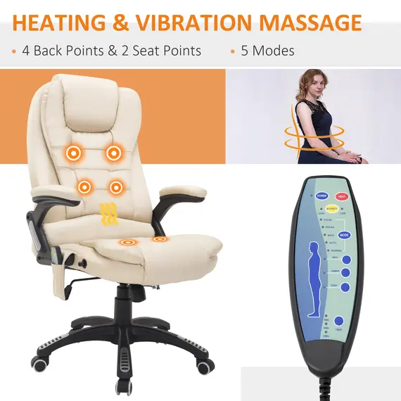 Buy Executive Office Chair with Massage and Heat, High Back PU Leather Massage Office Chair with Adjustable Height, Beige, 4 image