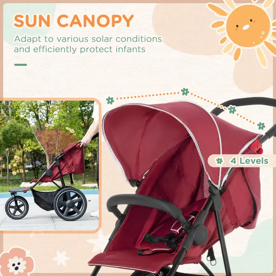 Buy Foldable Three-Wheeler Baby Stroller w/ Canopy, Storage Basket - Red, 9 image