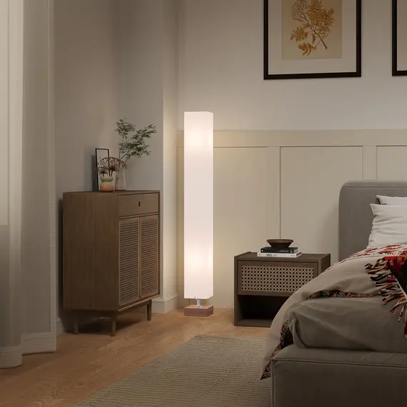 Buy Floor Lamp, 120cm Standing Lamp with Linen Lampshade, Standard Light with Pine Wood Base for Living Room, Bedroom (Bulbs Not Included), 9 image