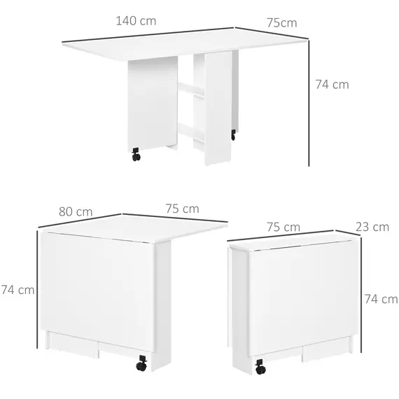 Buy Folding Dining Table, Drop Leaf Table with 2-Tier Shelves, Rolling Casters, for Small Spaces, Kitchen, White, 3 image