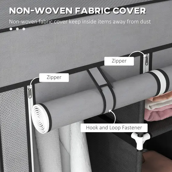 Buy Fabric Wardrobe for Bedroom, Portable Wardrobe with 5 Shelves, 2 Hanging Rails and 3 Fabric Drawers, Foldable Closet, 125 x 43 x 162.5cm, Dark Grey, 5 image