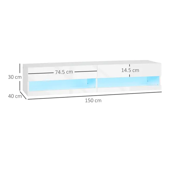 Buy Floating TV Unit, Wall Mounted TV Cabinet for TVs up to 65", High Gloss Media Wall Unit with LED Lights, Storage Shelves for Living Entertainment Room, White, 3 image