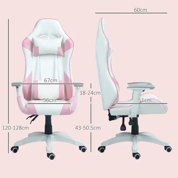 Buy Faux Leather Colour Block Gaming Chair, with 135° Reclining Back - Pink/White, 3 image