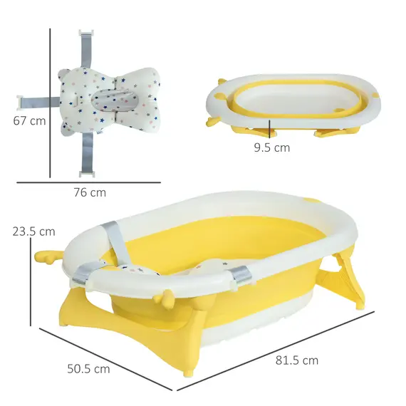 Buy Foldable Baby Bathtub Set, Collapsible Bath Tub with Thermostatic Water Plug, Non-Slip Support, Cushion Pad, Drain Plugs, for Newborn to 3 Years - Yellow, 3 image