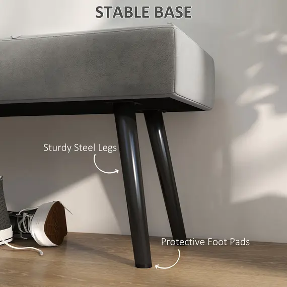 Buy End of Bed Bench with X-Shape Design and Steel Legs, Upholstered Hallway Bench for Bedroom, Grey, 5 image