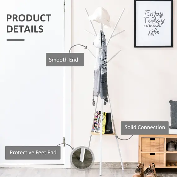 Buy Freestanding Metal Coat Rack Stand 9 Hooks Clothes Tree with 1 Shelf Hat Display Hall Tree Hanger Bag Umbrella Hanging Organiser White, 5 image