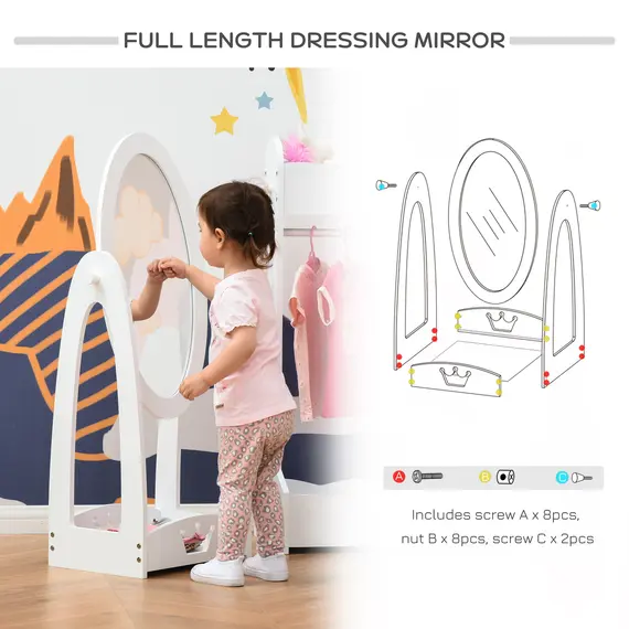 Buy Free Standing Full Length Mirror, Child's Dressing Mirror with storage shelf, Children's White Bedroom Furniture 360° Rotation MDF, For 3- 8 Years Old, 40L x 30W x 104H cm, 5 image