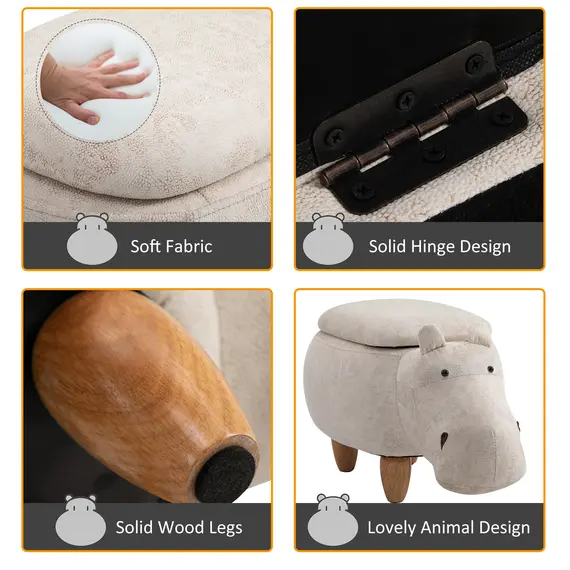 Buy Hippo Storage Stool Cute Decoration Footrest Wood Frame Legs with Padding Lid Ottoman Animal Furniture Cream 36 x 65cm, 7 image