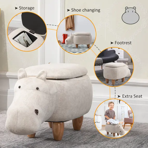 Buy Hippo Storage Stool Cute Decoration Footrest Wood Frame Legs with Padding Lid Ottoman Animal Furniture Cream 36 x 65cm, 4 image