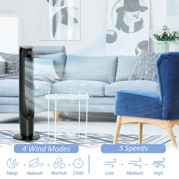 Buy Ice Cooling Tower Fan, Water Conditioner Evaporative Air Cooler Unit with 4 Modes, 3 Speed, Remote Control, Timer, Oscillating for Home Bedroom, Black, 4 image