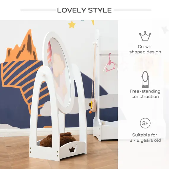 Buy Free Standing Full Length Mirror, Child's Dressing Mirror with storage shelf, Children's White Bedroom Furniture 360° Rotation MDF, For 3- 8 Years Old, 40L x 30W x 104H cm, 4 image