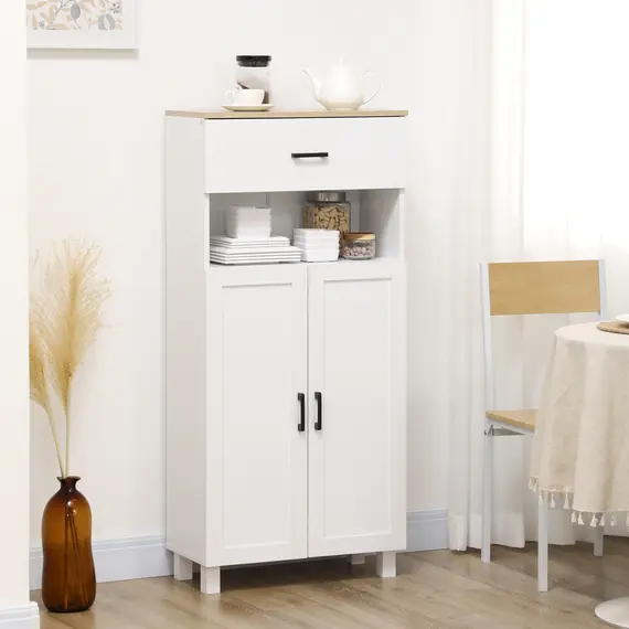 Buy Freestanding Kitchen Cupboard, Nordic Storage Cabinet with Drawer, Doors and Open Countertop for Living & Dining Room, 130cm, White, 7 image