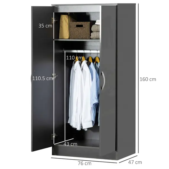 Buy High Gloss Wardrobe, 2 Door Wardrobe with Hanging Rod and Storage Shelf, Clothes Storage Organizer with Anti-tipping Design for Bedroom, Grey, 3 image