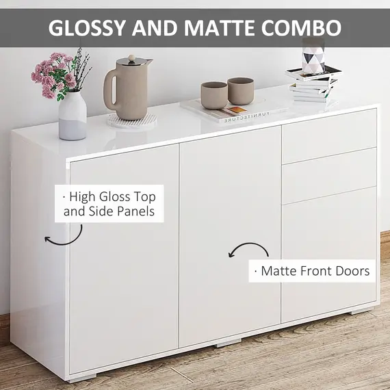 Buy High Gloss Side Cabinet, Push-Open Design with 2 Drawers and 2 Cabinets for Living Room, 74H x 117W x 36Dcm, White, 6 image