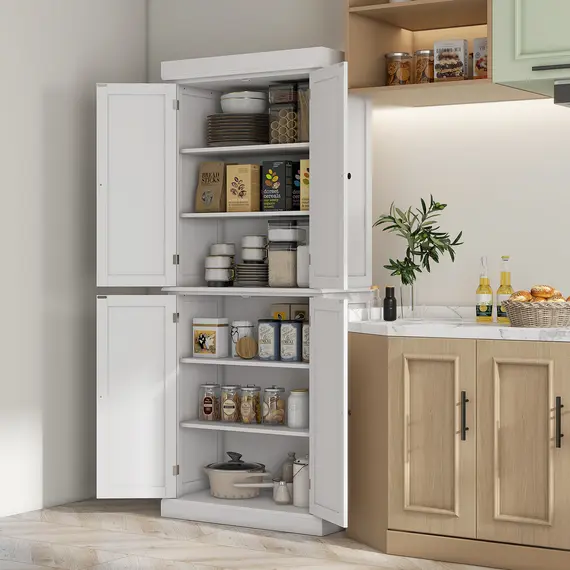 Buy Freestanding Kitchen Cupboard with 4 Doors, Storage Cabinet with 6-Tier Shelving and 4 Adjustable Shelves, White, 2 image