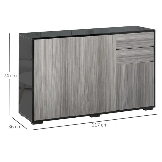 Buy High Gloss Side Cabinet, Push-Open Design with 2 Drawers and 2 Cabinets for Living Room, 74H x 117W x 36Dcm, Light Grey and Black, 3 image