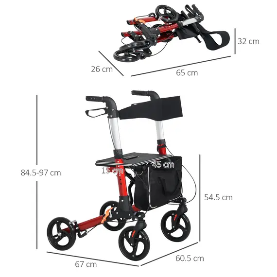 Buy Folding Rollator Walker with Seat and Backrest, Lightweight Walking Frame with Detachable Storage Bag, Dual Brakes, Adjustable Handle Height, 4 Wheeled Walker for Seniors, Handicapped, Red, 3 image