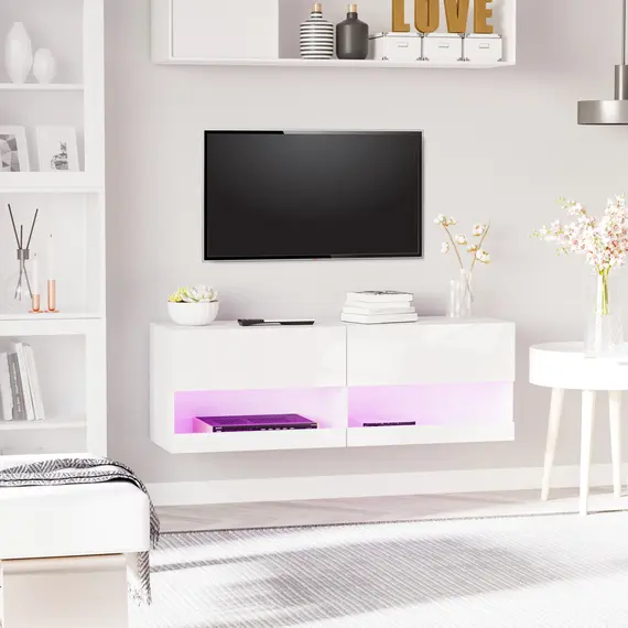 Buy High Gloss TV Stand Cabinet with LED Lights, Wall Mount Media Unit for TVs up to 42 Inch for Living Room Bedroom, 2 image