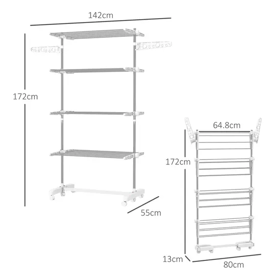 Buy Four-Shelf Collapsing Clothes Horse, With Side Arms and Wheels - White, 3 image