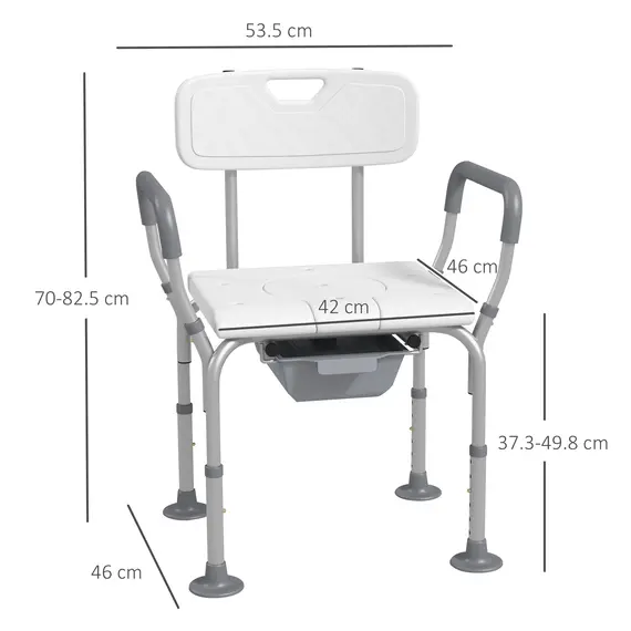 Buy Height Adjustable Shower Stool with Arms and Back, Non-Slip Bedside Commode with Detachable Bucket for Elderly, White, 3 image