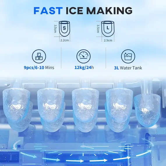 Buy Ice Maker Machine and Water Dispenser, Counter Top Ice Cube Maker for Home with 3L Tank, Adjustable Cube Size, 9 Ice Cubes per 6-10 Minutes, No Plumbing Required, Silver, 4 image
