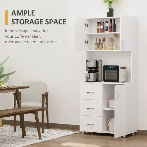 Buy Free standing Kitchen Cupboard, Storage Cabinet with Doors and Sheleves, 3 drawers and Open Space, Adjustable Height Storage Unit, White, 5 image