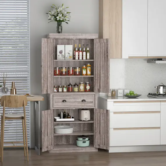 Buy Freestanding Kitchen Cupboard, 184cm Tall Storage Cabinet with Doors and Shelves, Traditional Colonial 4-Door Kitchen Pantry Cupboard with Drawer, Dark Wood Grain, 8 image